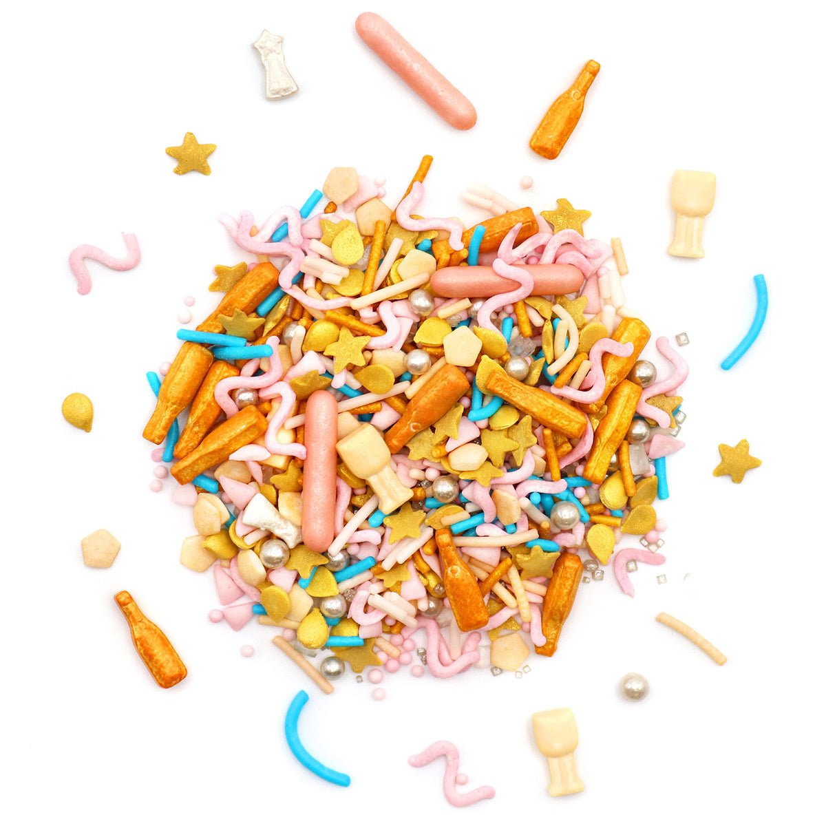 PME Pop & Fizz Sprinkle Mix - 60g Box | Gold, Nude, Blue Tones | Sugar Strands, Stars, Bottles & More 3