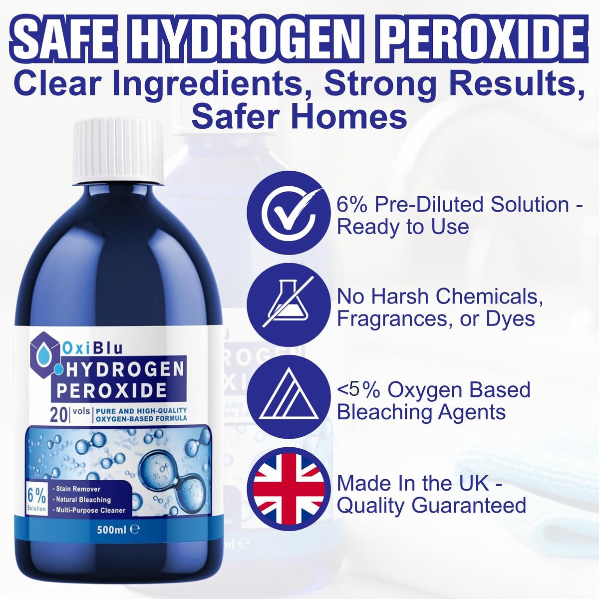 OxiBlu Hydrogen Peroxide 6% - All-Purpose Cleaner, Stain Remover, Natural Bleach | 500ml 3