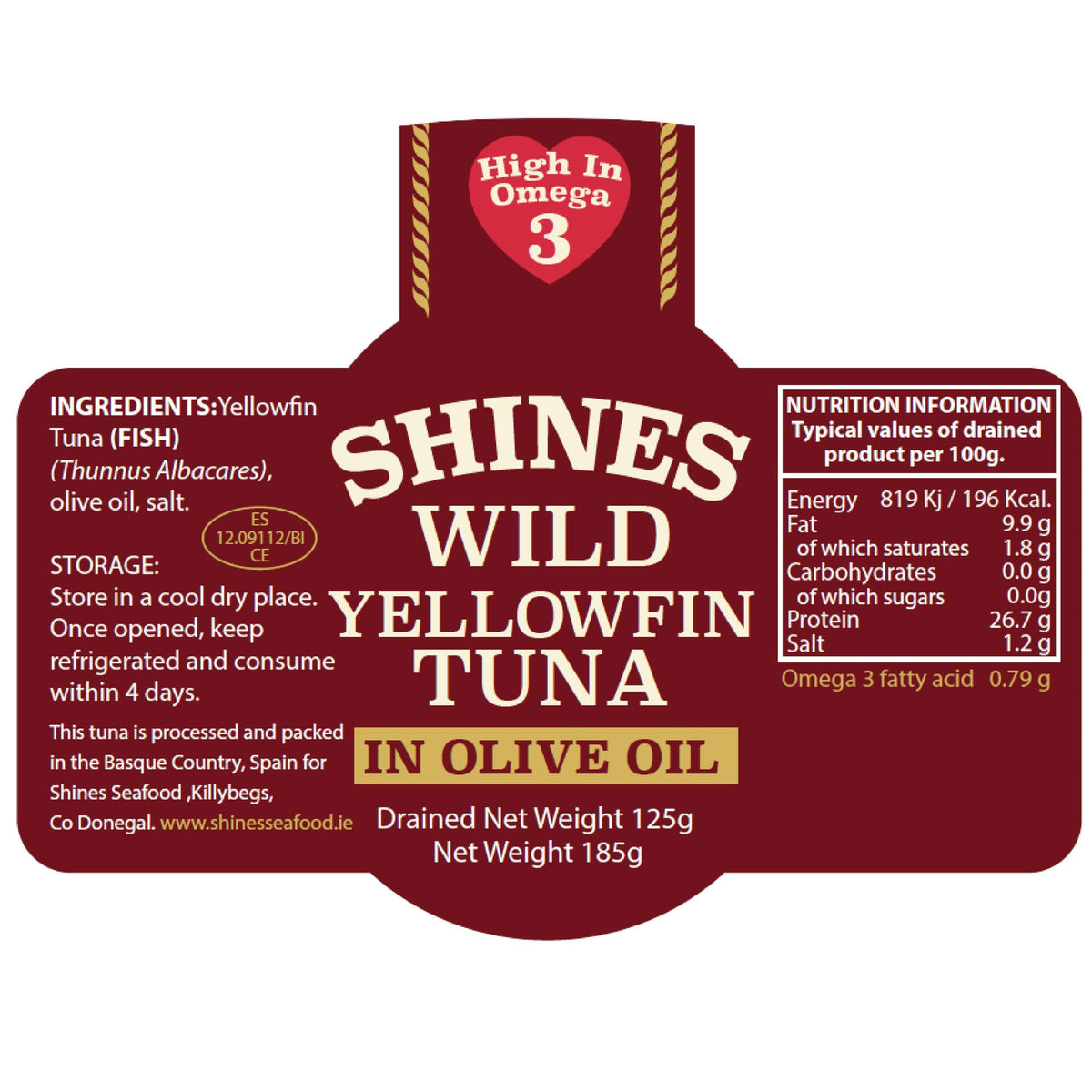 Shines Wild Yellowfin Tuna in Olive Oil - 3 x 185g Glass Jars - High Protein | Low Carb | Omega 3 6