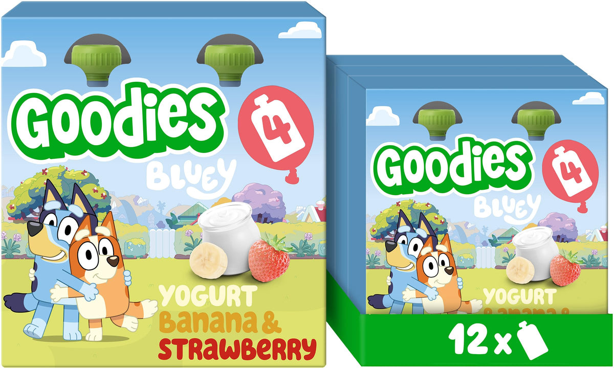 Goodies Bluey Fruit Yoghurt Pouches - Banana & Strawberry, 1 of 5 a Day, No Added Sugar, 12 x 100g