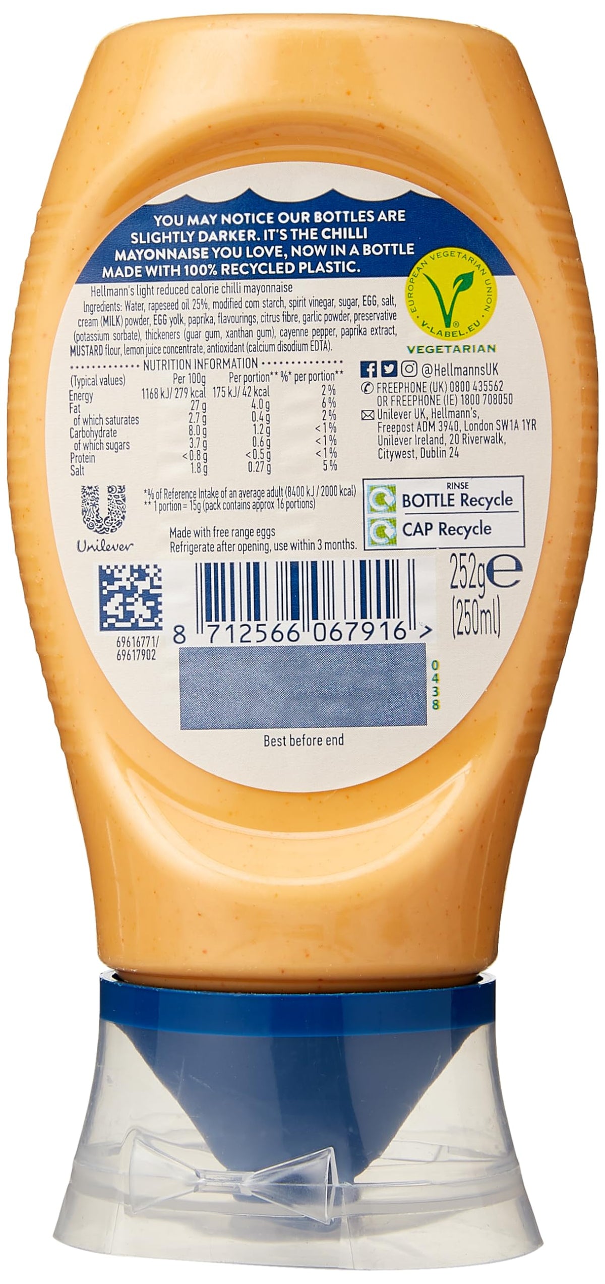 Hellmann's Chilli Mayonnaise with Tabasco Sauce - 250ml Bottle (Pack of 2)