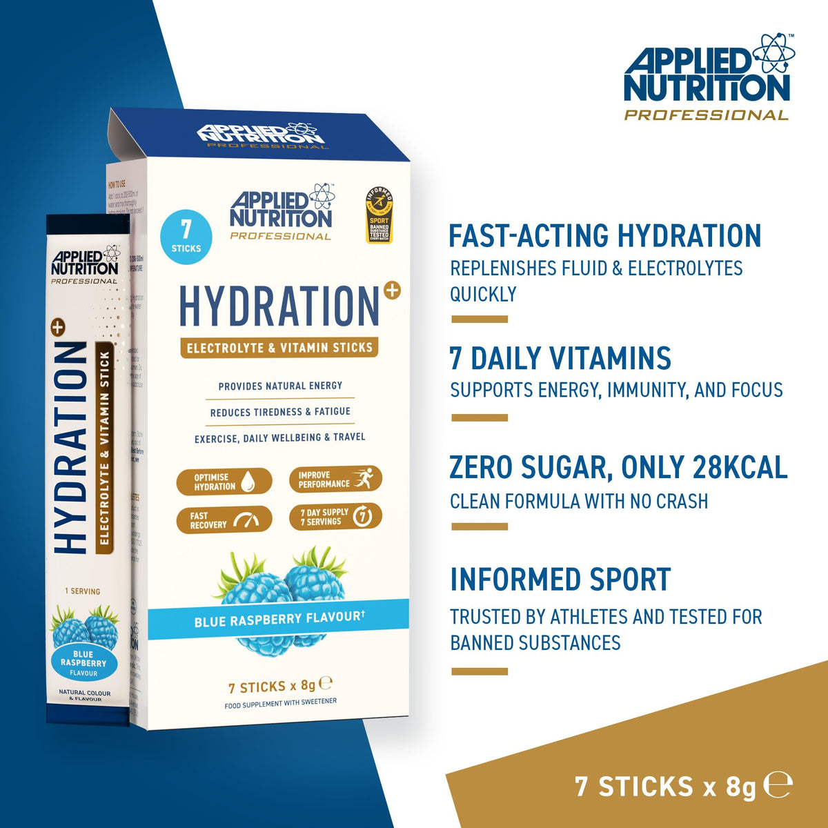 Applied Nutrition Hydration+ Electrolyte & Vitamin Sticks - Rapid Hydration & Energy | 7 Servings | Blue Raspberry