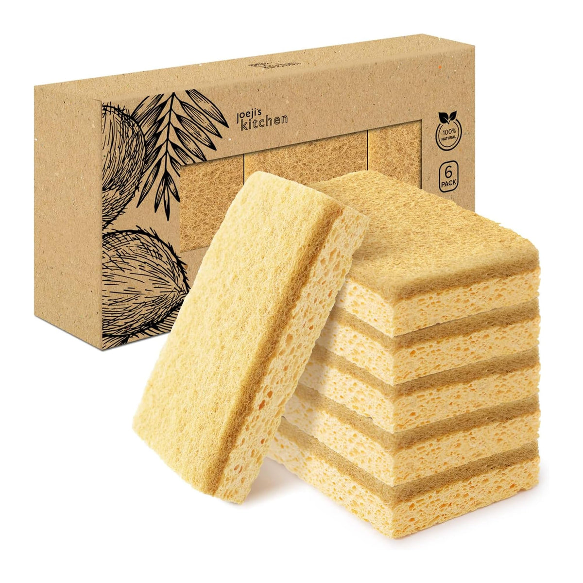 joeji's Kitchen Eco Washing Up Sponges - 6 Pack Natural Cellulose & Sisal | Reusable, Biodegradable
