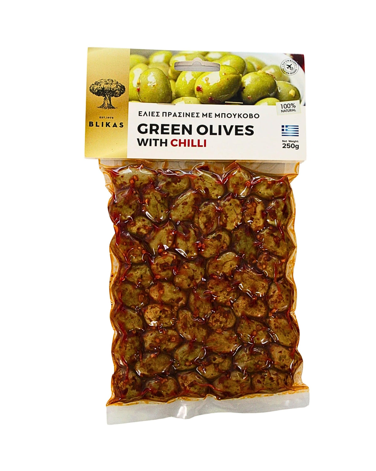 Blikas Greek Green Olives with Chilli - 2 x 250g Spicy Whole Olives