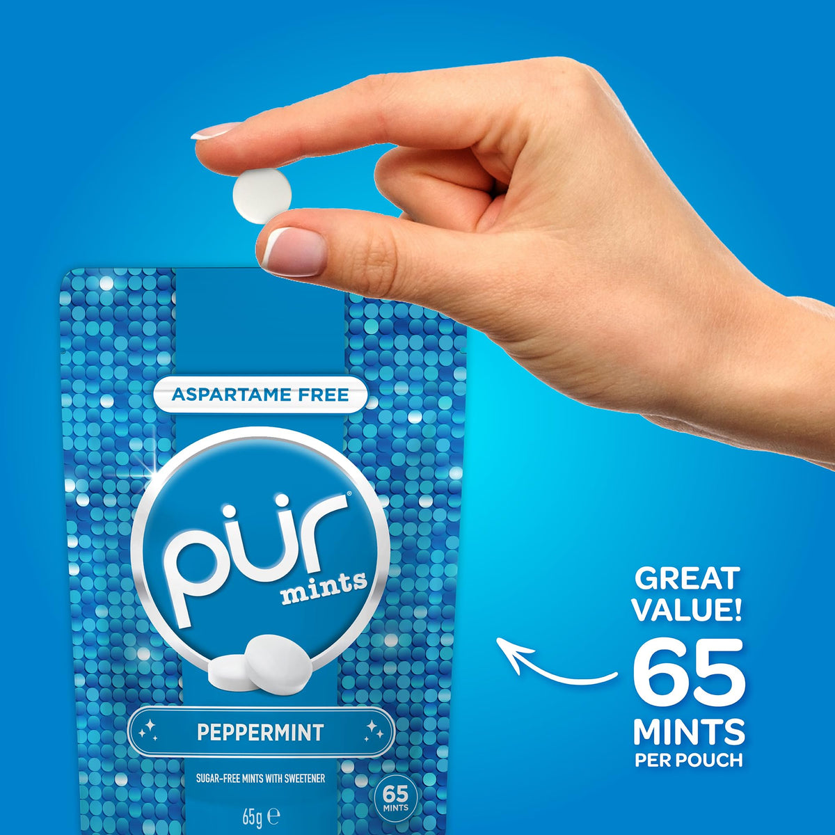 PUR Mints Peppermint Sugar Free Breath Mints - 65 Count Pouch | Pack of 3 | Aspartame Free
