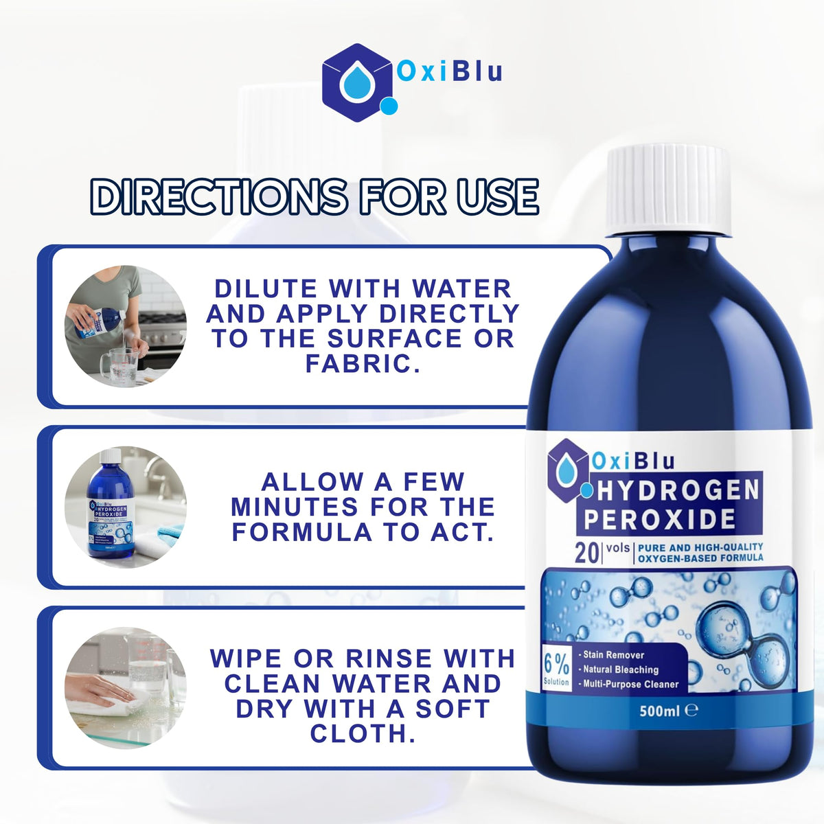 OxiBlu Hydrogen Peroxide 6% - All-Purpose Cleaner, Stain Remover, Natural Bleach | 500ml 6