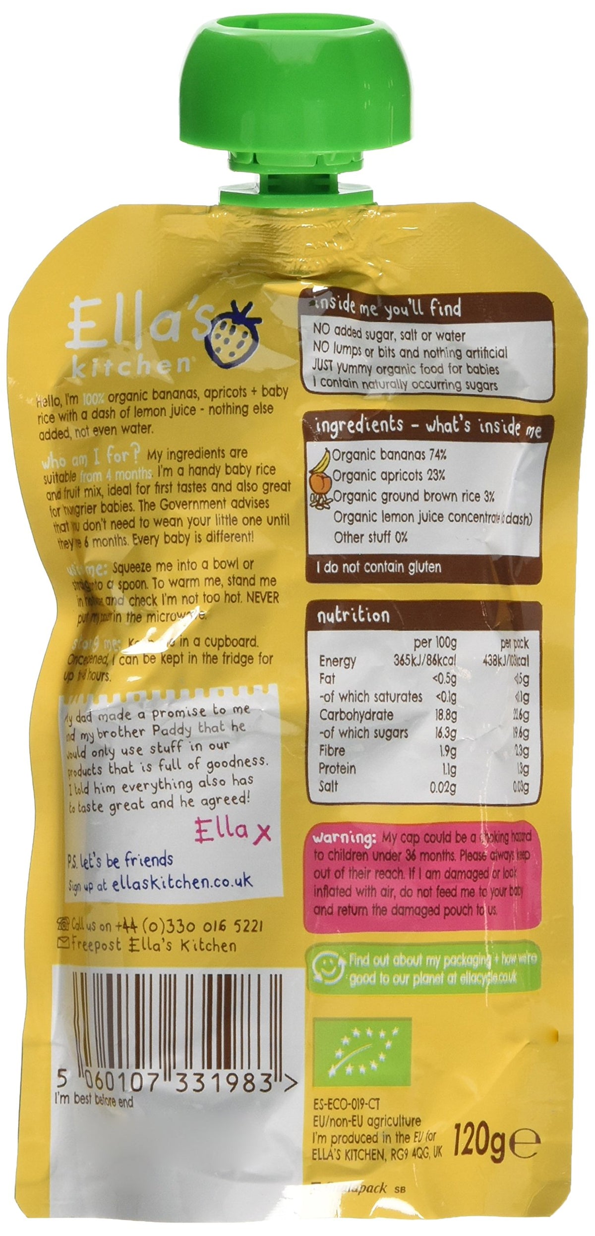 Ella's Kitchen Organic Banana and Apricot Baby Rice - Suitable from 4 Months | 120g (Pack of 7)