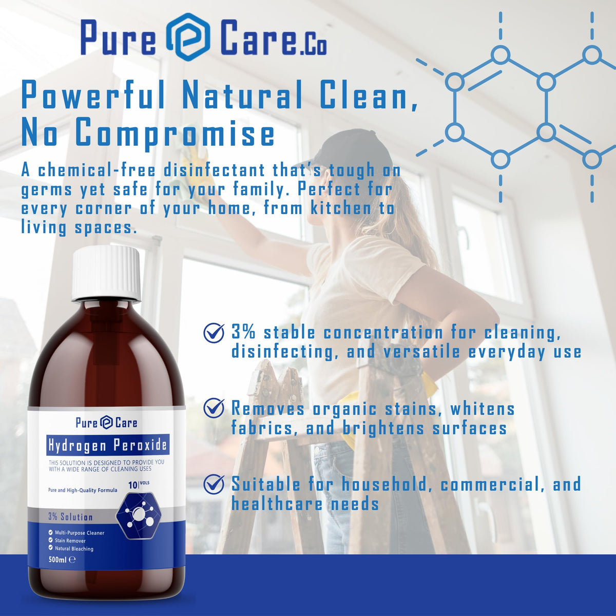 PureCare Hydrogen Peroxide 3% - 500ml All-Purpose Cleaner | Hospital Grade | Unscented 3