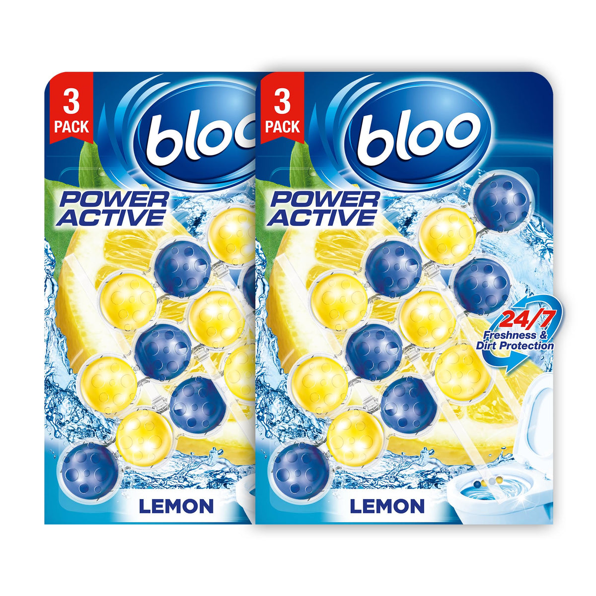 Bloo Power Active Toilet Rim Block - Lemon Scent, Anti-Limescale, Cleaning Foam | 2 x 3 Count