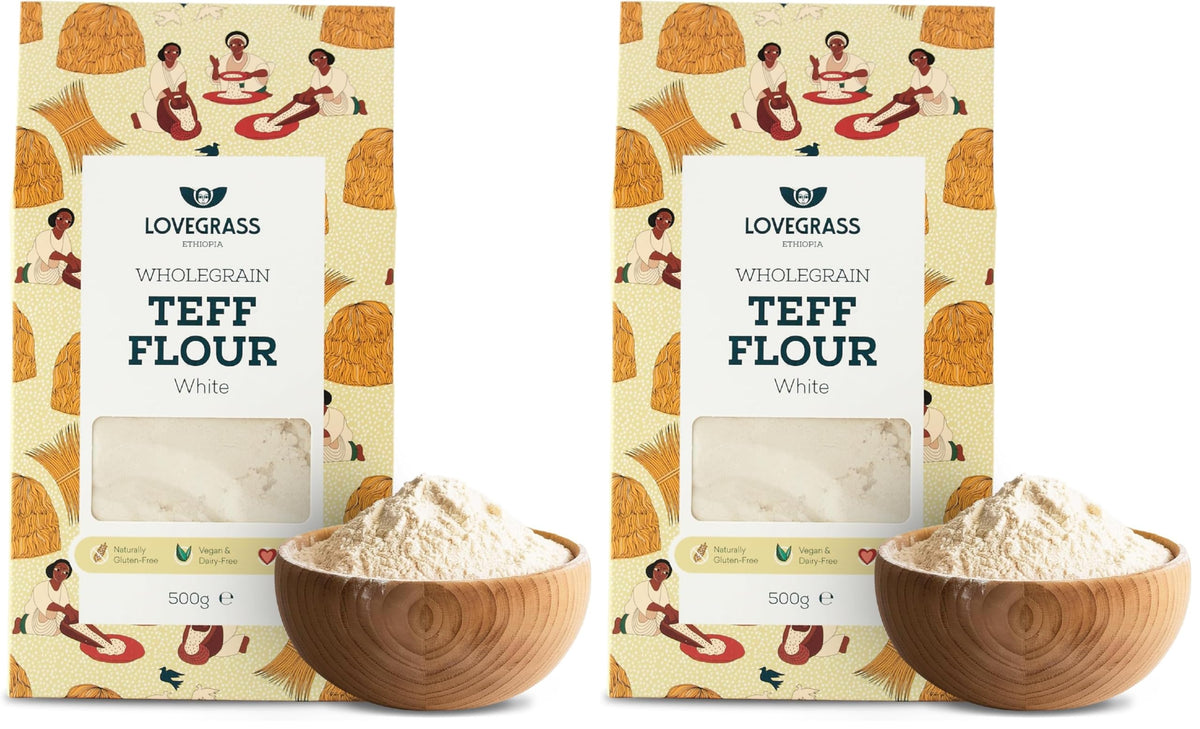 Lovegrass Ethiopia White Teff Flour - 1kg (2 x 500g Packs) | Gluten-Free, Vegan, High Protein 1