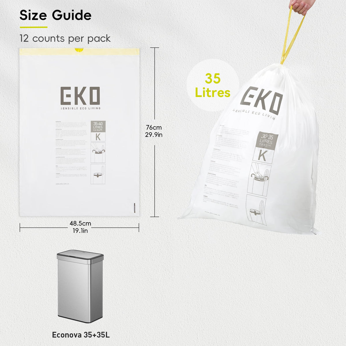 EKO Drawstring Bin Bags - 35 Litre, 12 Count | Heavy Duty | Leak-Resistant 7