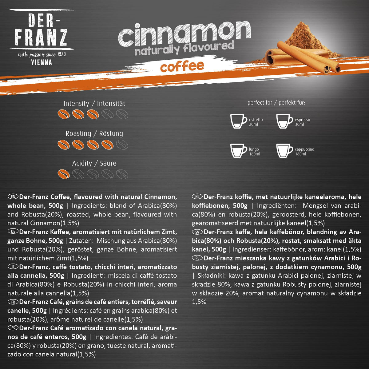 Der-Franz Cinnamon Flavoured Whole Coffee Beans - 80% Arabica, 20% Robusta | 1.5kg Pack of 3 x 500g Bags