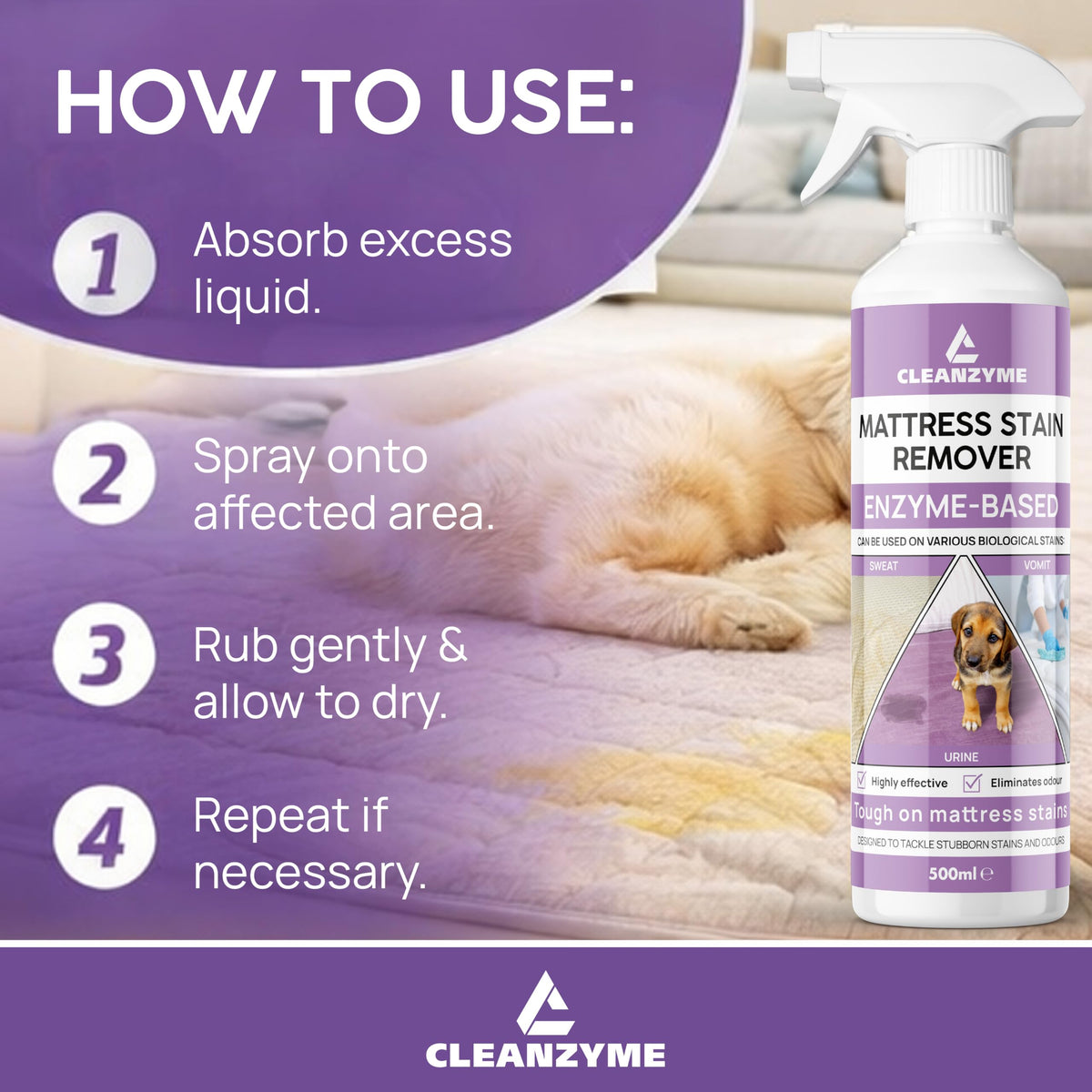 Cleanzyme Enzyme Mattress Stain Remover - 500ml Spray Bottle | Eliminates Urine & Odours | Safe for Mattresses, Upholstery & Carpets 5