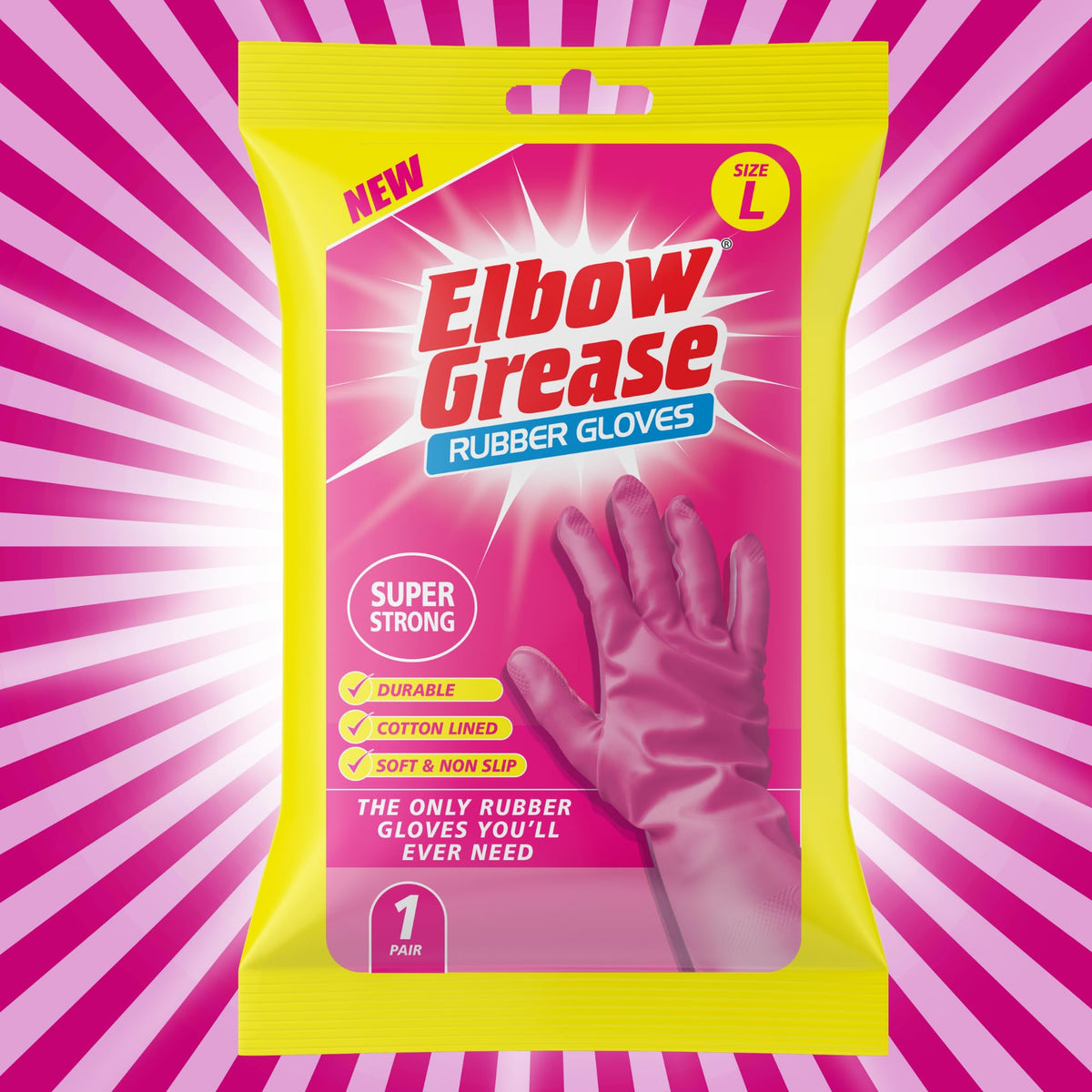 Elbow Grease Pink Rubber Cleaning Gloves - Super Strong, Cotton Lined, Non-Slip Grip, Size L (Pack of 2) 6