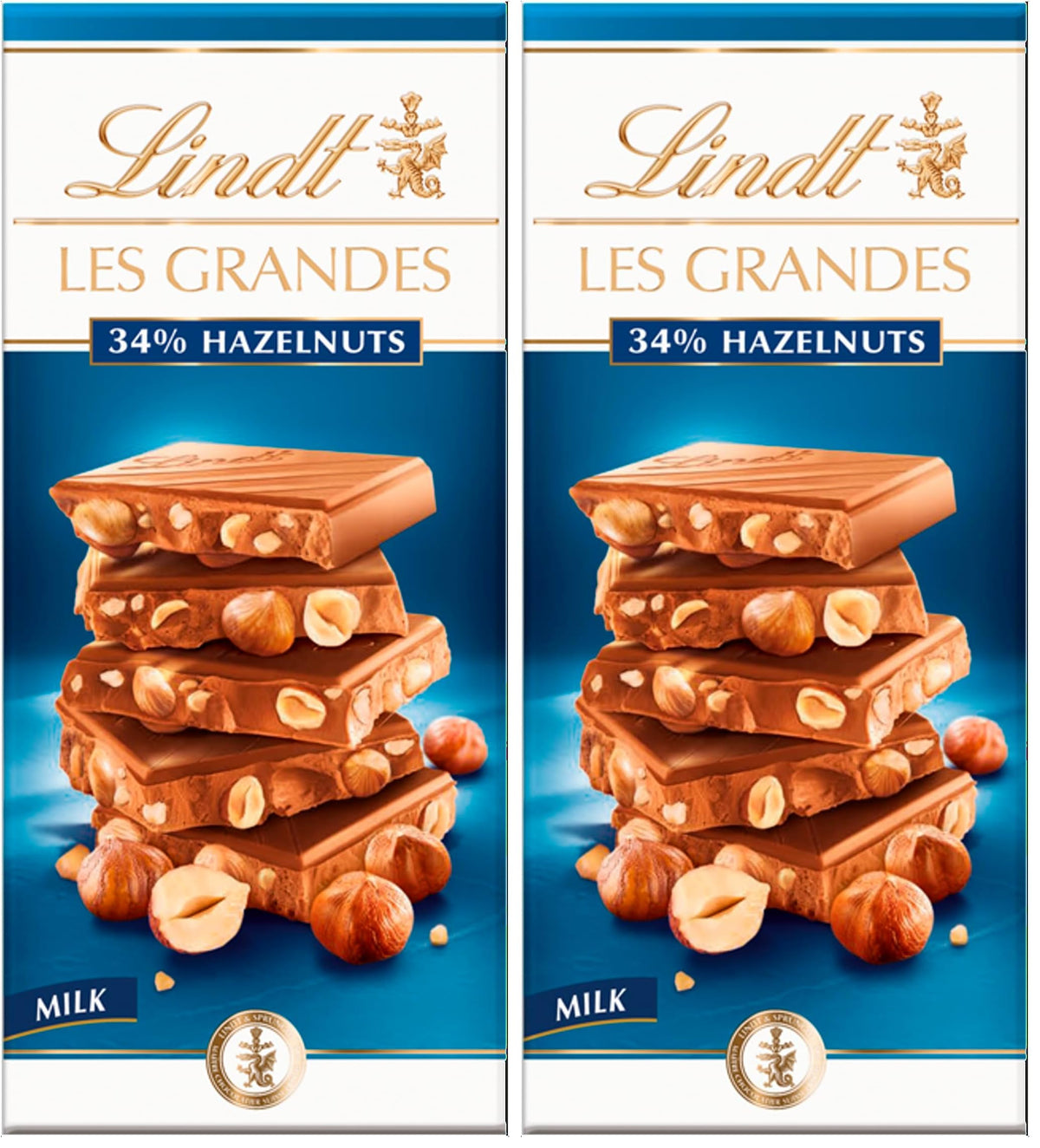 Lindt Les Grandes Milk Chocolate Hazelnut Bar - 34% Hazelnuts | 150g (Pack of 2)