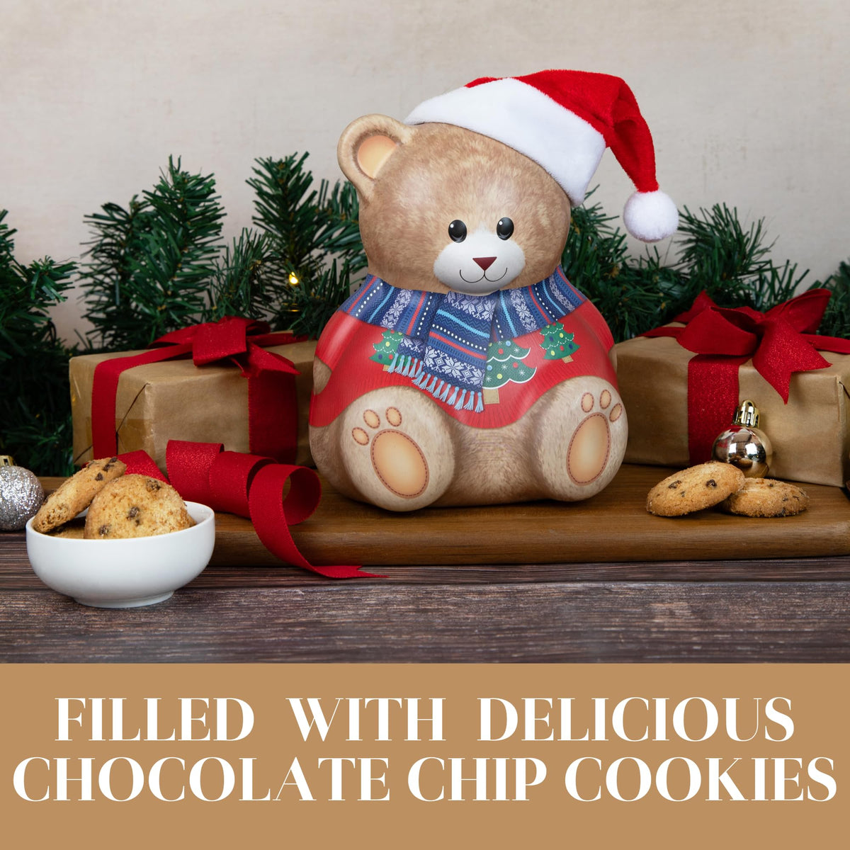 The Silver Crane co. Christmas Bear with Hat Gift Set - 200g Chocolate Chip Cookies | Vegetarian | Reusable Tin 4
