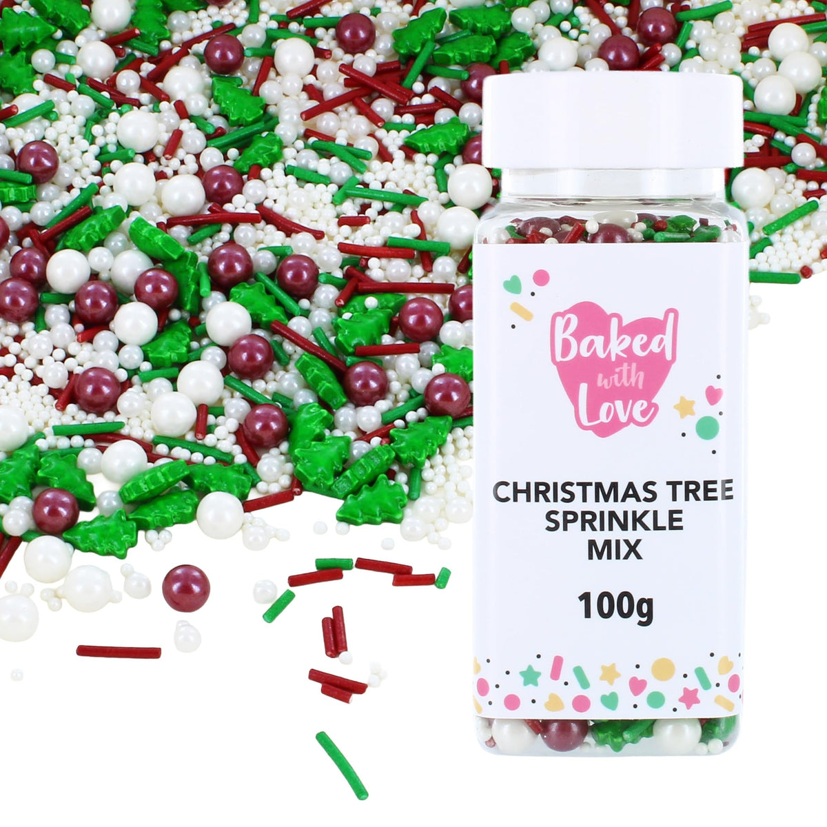 Baked With Love Christmas Tree Sprinkles - 100g | Edible Decorations | Resealable Bottle