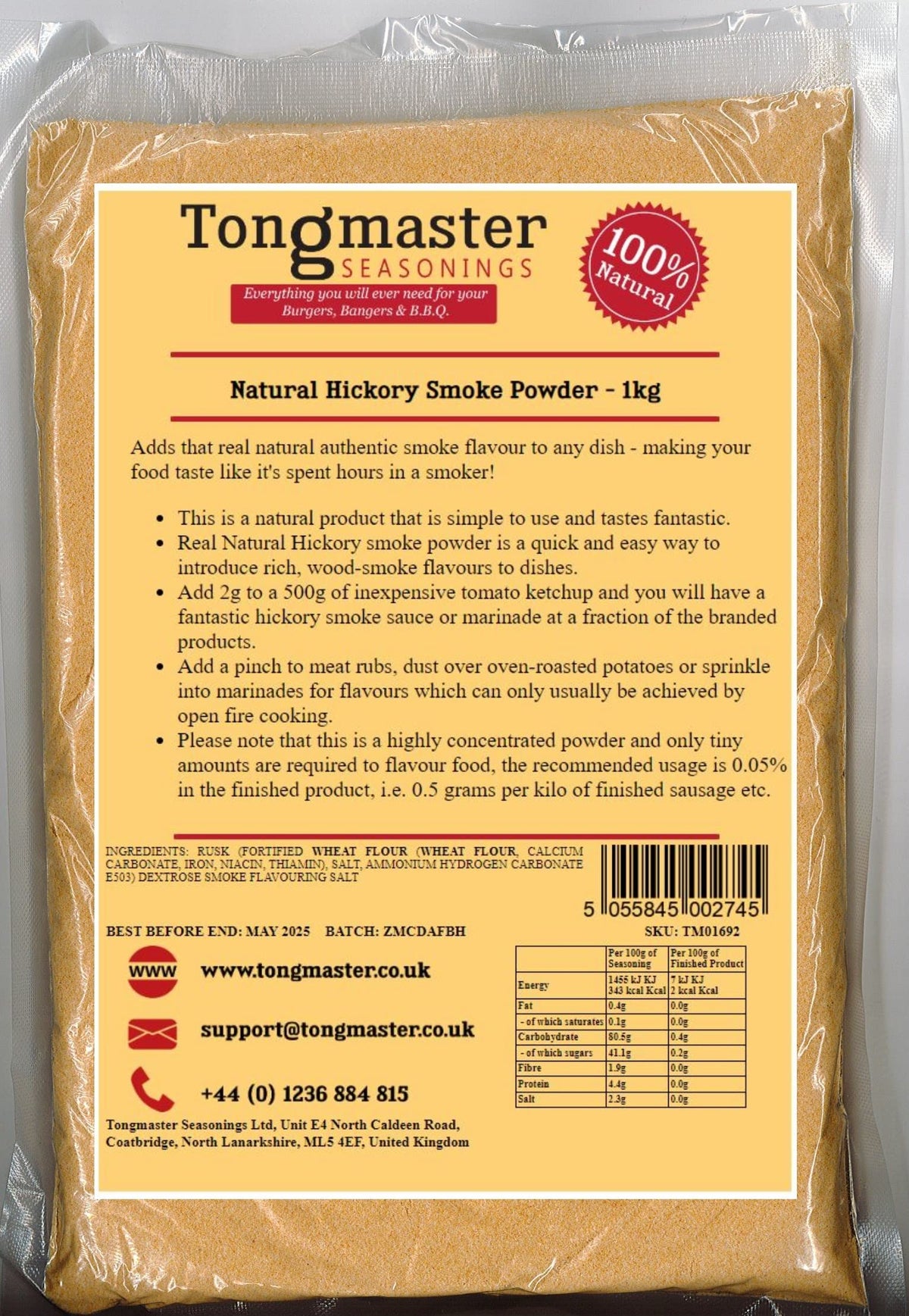 Tongmaster Natural Hickory Smoke Powder - 1kg | Authentic Smoke Flavour | For Meat Rubs, Marinades, Sauces
