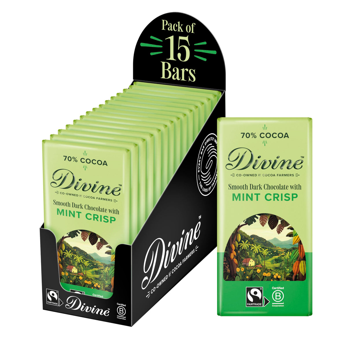 Divine 70% Cocoa Dark Chocolate with Mint Crisp Bar - 15 x 90g Bars