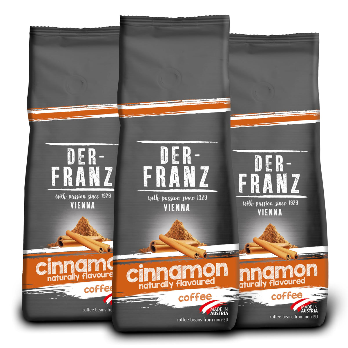 Der-Franz Cinnamon Flavoured Whole Coffee Beans - 80% Arabica, 20% Robusta | 1.5kg Pack of 3 x 500g Bags