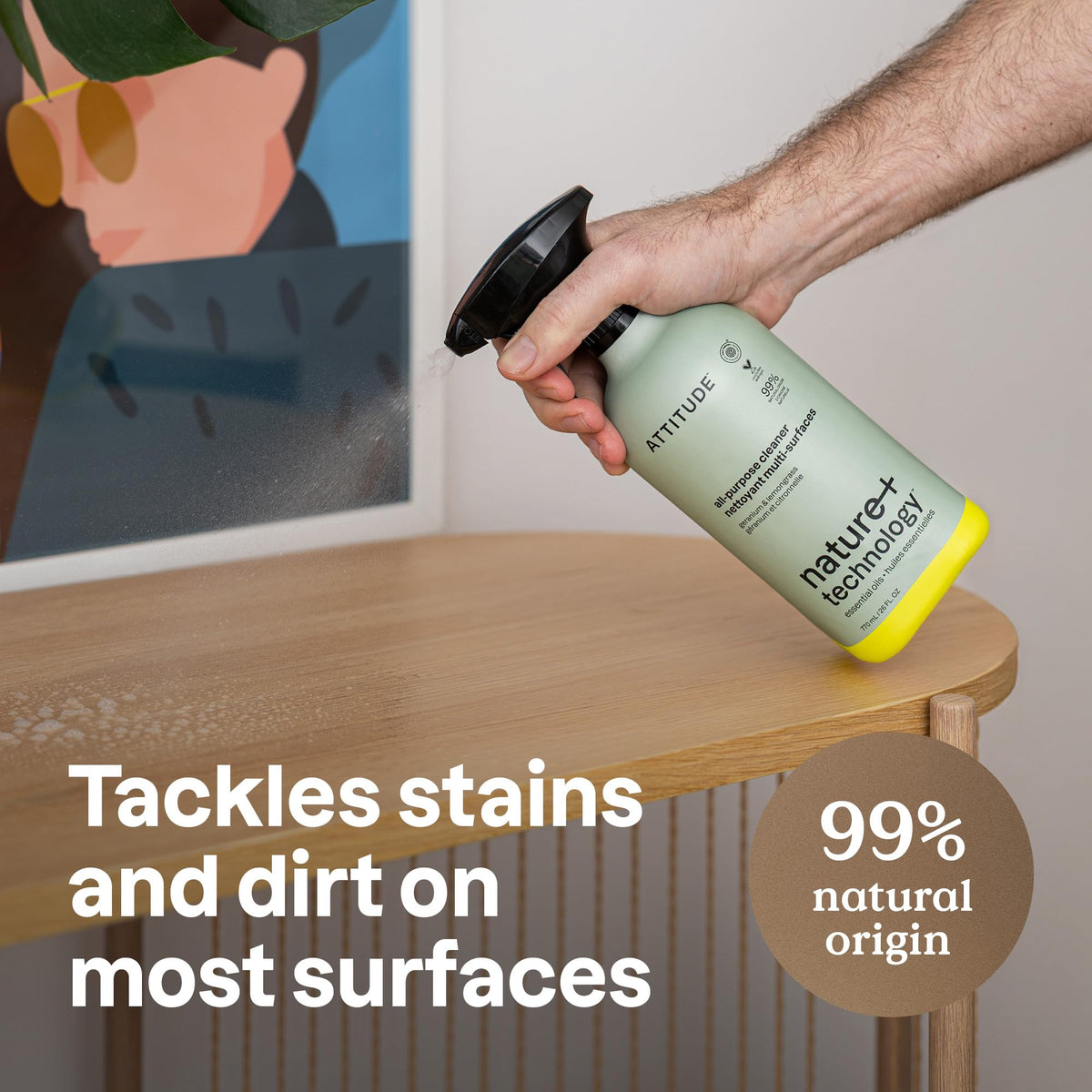 ATTITUDE All-Purpose Cleaner Spray - EWG Verified, Streak-Free Finish, Geranium & Lemongrass Scent, 770 ml