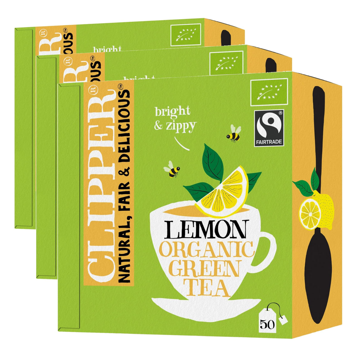Clipper Organic Lemon Green Tea Bags - 50 Count (Pack of 3) | Fairtrade, Biodegradable