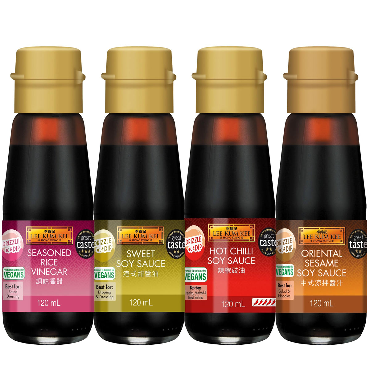 Lee Kum Kee Table Sauce Set - 4 x 120 ml Oriental Sesame Soy, Hot Chilli Soy, Sweet Soy, Seasoned Rice Vinegar
