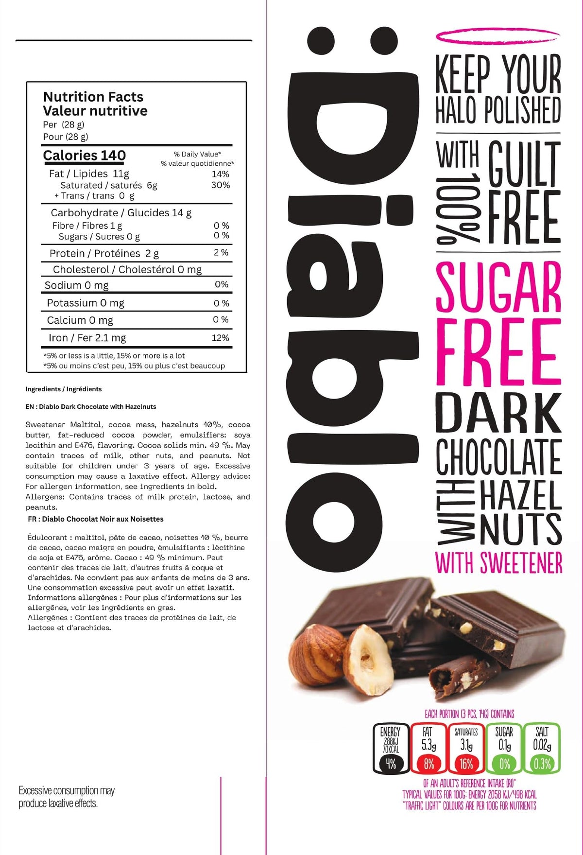 Diablo Dark Chocolate with Hazelnuts - Sugar-Free, 85g 2