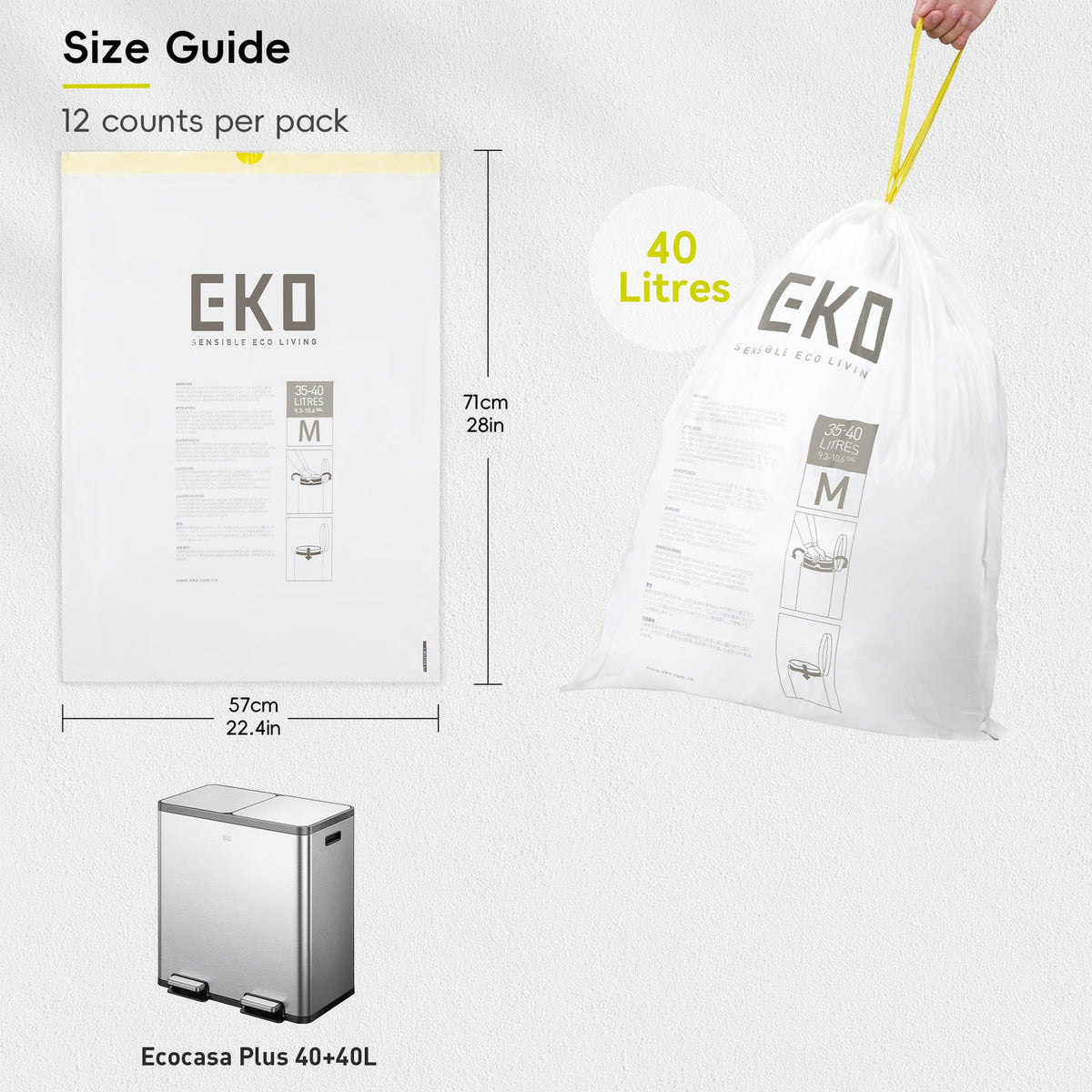 EKO Drawstring Bin Bags - 35-40 Litre, 12 Count, Size M 7