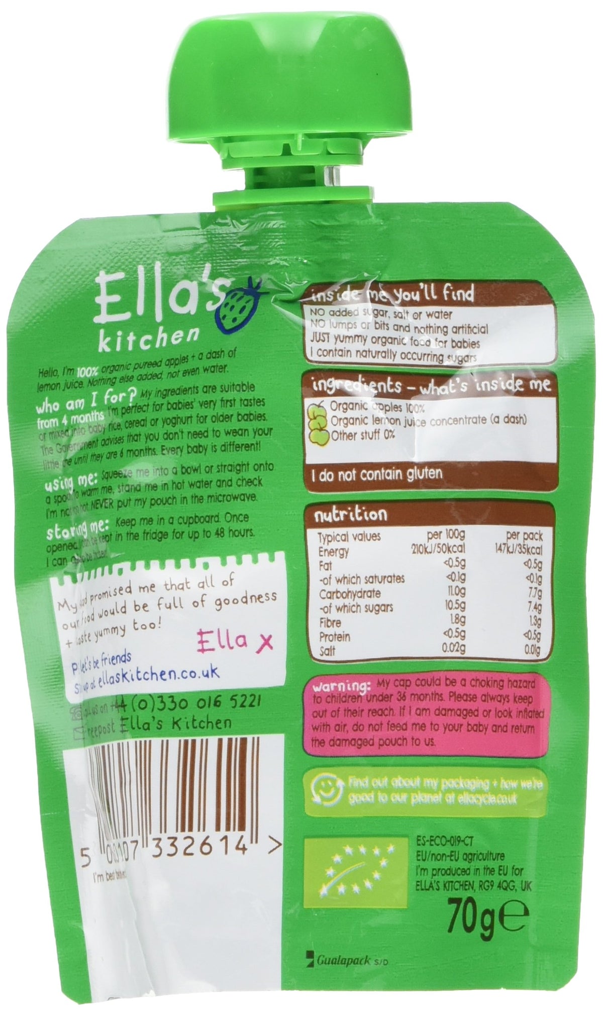 Ella's Kitchen First Taste Apples - 100% Organic Puree | 70g Pouch | From 4 Months