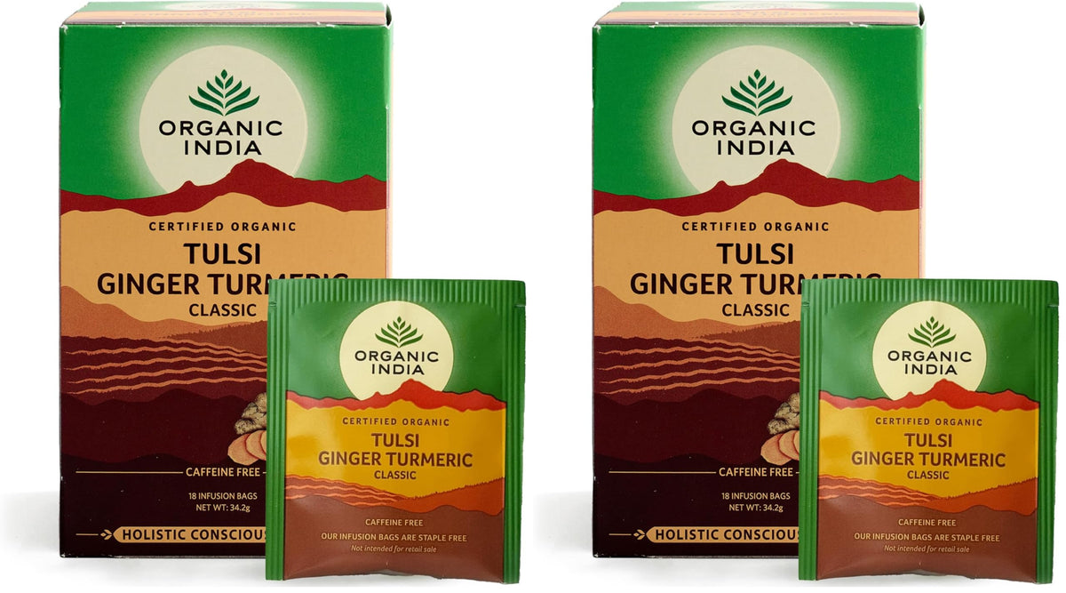 ORGANIC INDIA Tulsi Ginger Turmeric Herbal Tea - Stress Relief, Immune Support, Digestive Aid | 18 Count (Pack of 2)