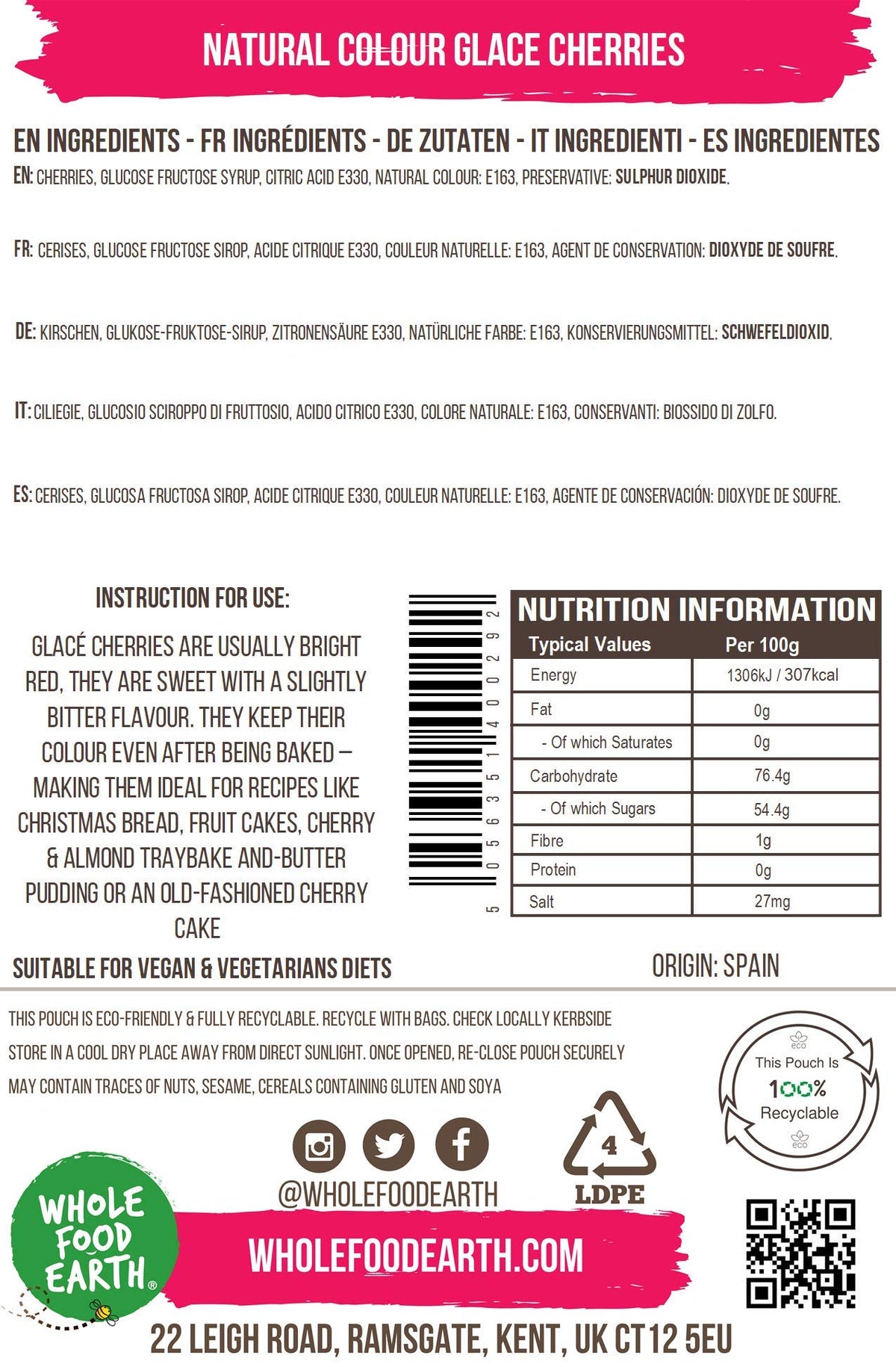 Wholefood Earth Glace Cherries - Natural Colour, Vegan, Dairy-Free | 500g