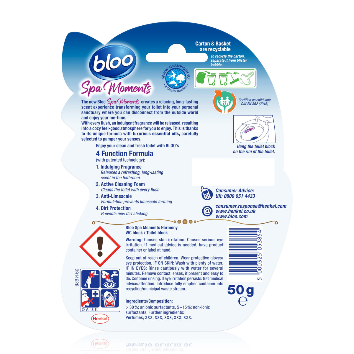 Bloo Spa Moments Harmony Toilet Rim Block - 4 Pack | Long-Lasting Fragrance & Cleaning Foam