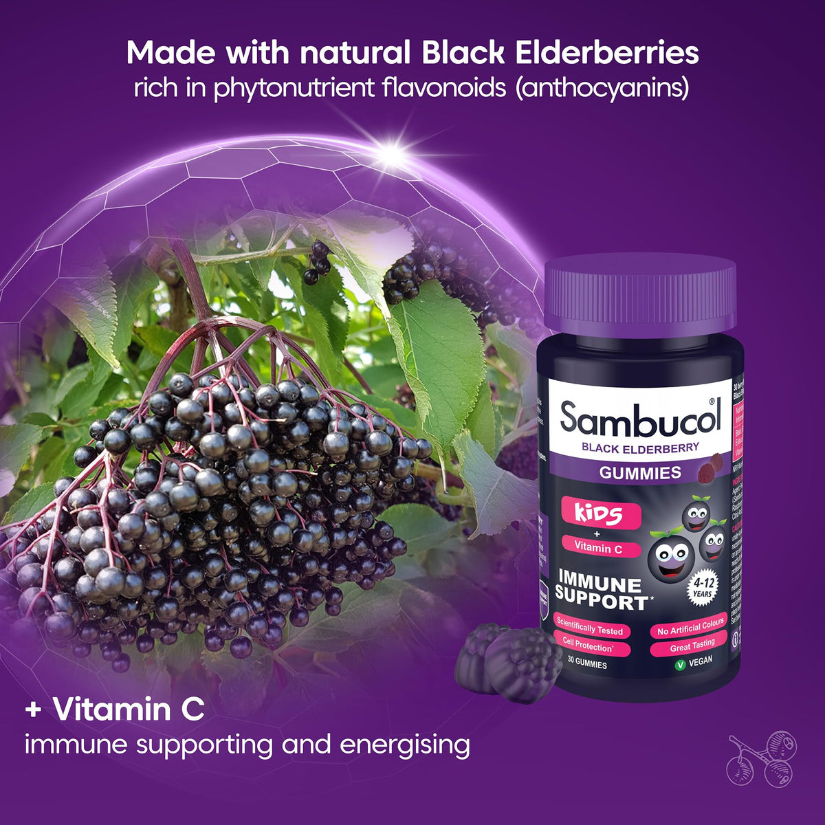 Sambucol Kids Gummies - Immune Support | 30 Count (Pack of 3) | Elderberry Flavour
