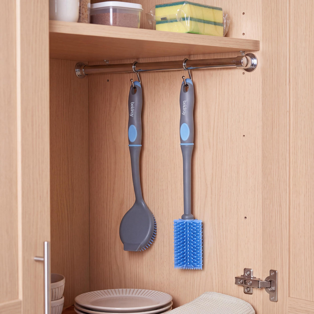 Beldray Anti-Bac Dish and Bottle Brushes - 2 Pack | Ergonomic Grip | Built-in Scraper | Grey 3