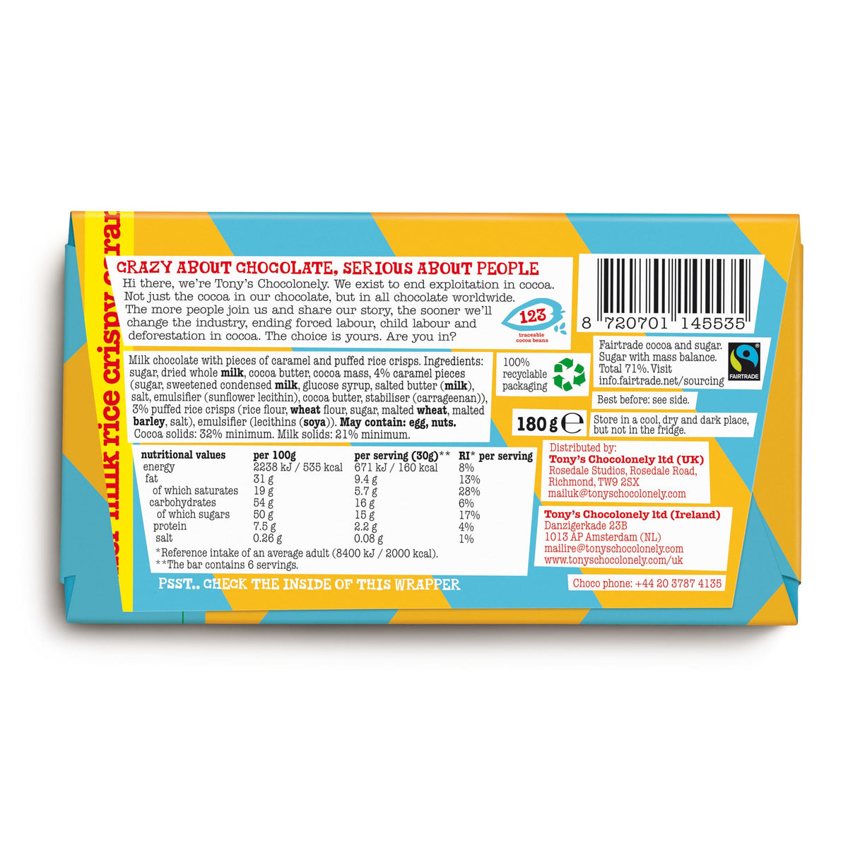 Tony's Chocolonely Milk Chocolate Rice Crispy Caramel Bar - 180g (Pack of 2) 4