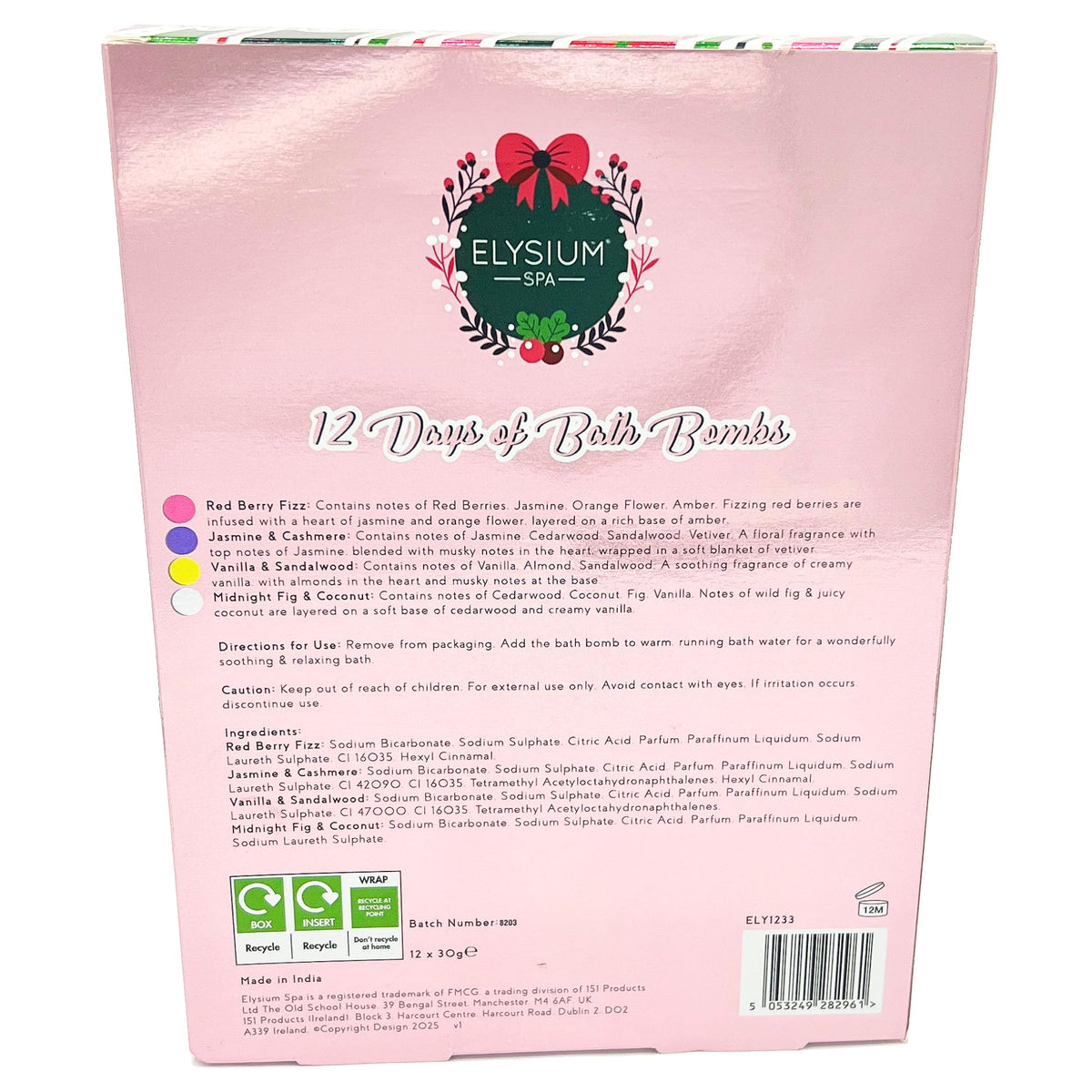 Elysium Spa Christmas Advent Calendar - 12 Days of Bath Bombs | 4 Festive Fragrances | Relaxing Self-Care