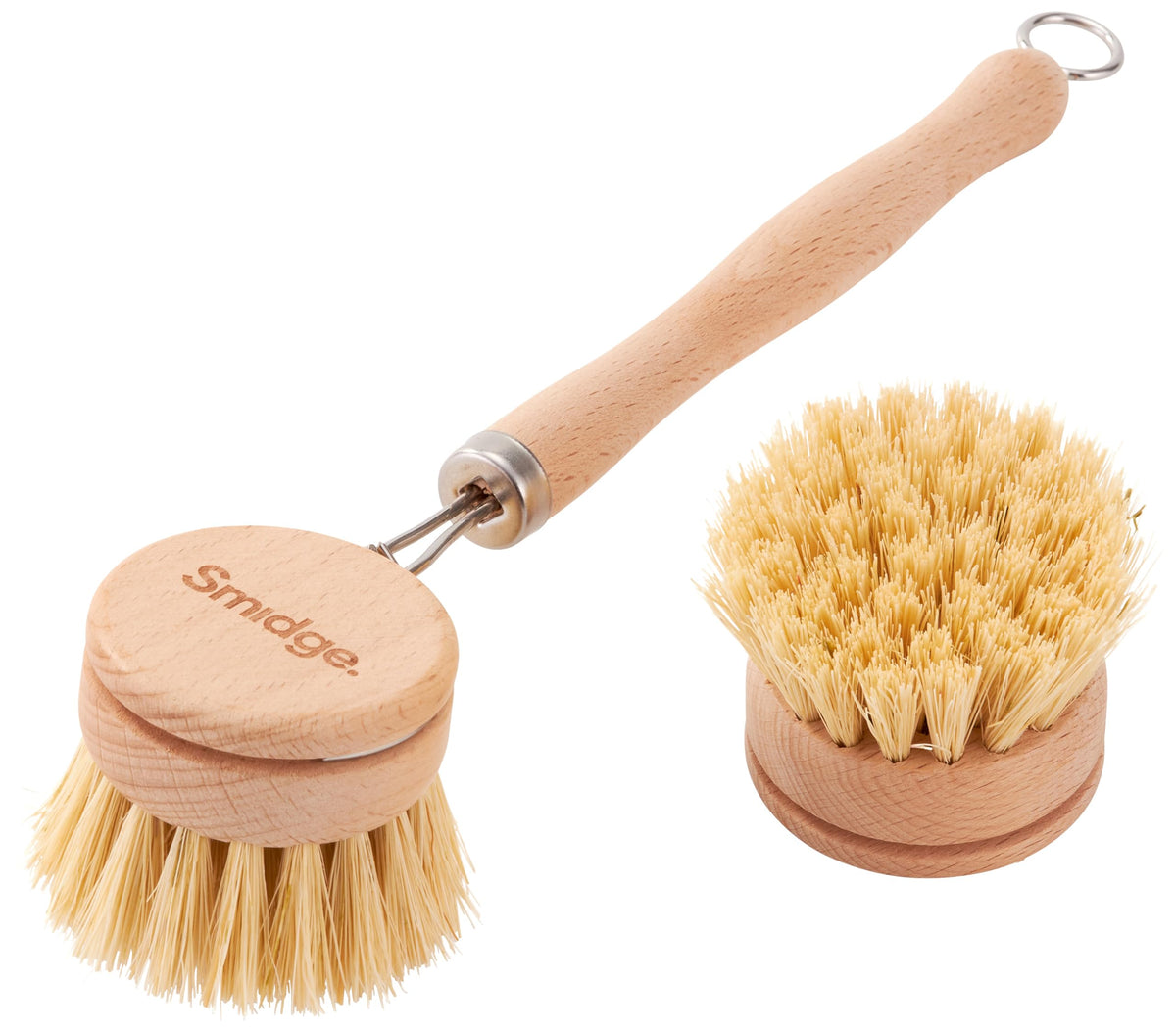 Smidge Natural Beechwood Dish Brush Set - Biodegradable Sisal Bristles | Replaceable Heads | Includes Cleaning Wand & Spare Head