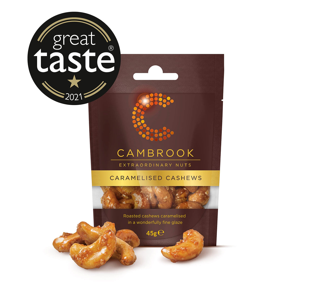 C Cambrook Extraordinary Nuts Caramelised Cashews - Gluten Free, Suitable for Vegetarians | 45g Bag (Pack of 3)