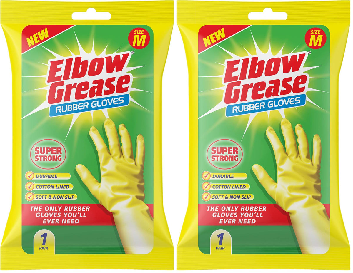 Elbow Grease Yellow Rubber Gloves - Cotton Lined, Non-Slip Grip, Size Medium (Pack of 2)