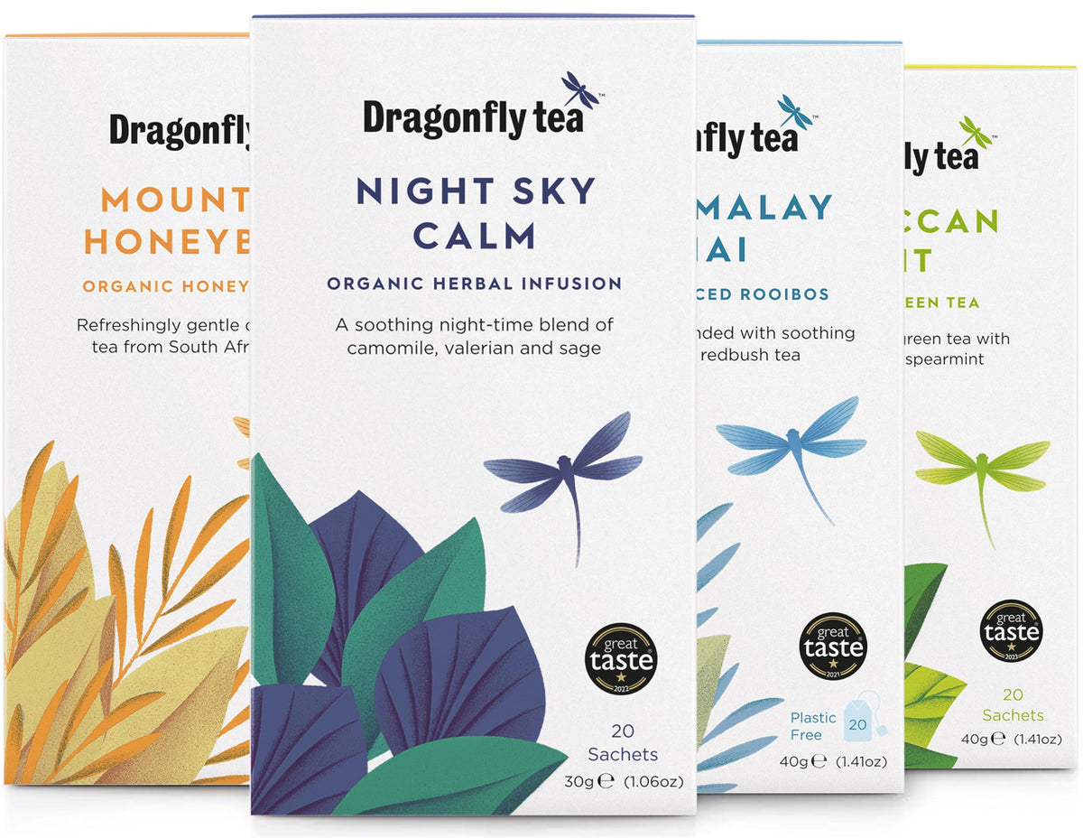 DRAGONFLY Organic Herbal Tea Selection Box - 80 Teabags | 4 Blends | Planet-Friendly Packaging