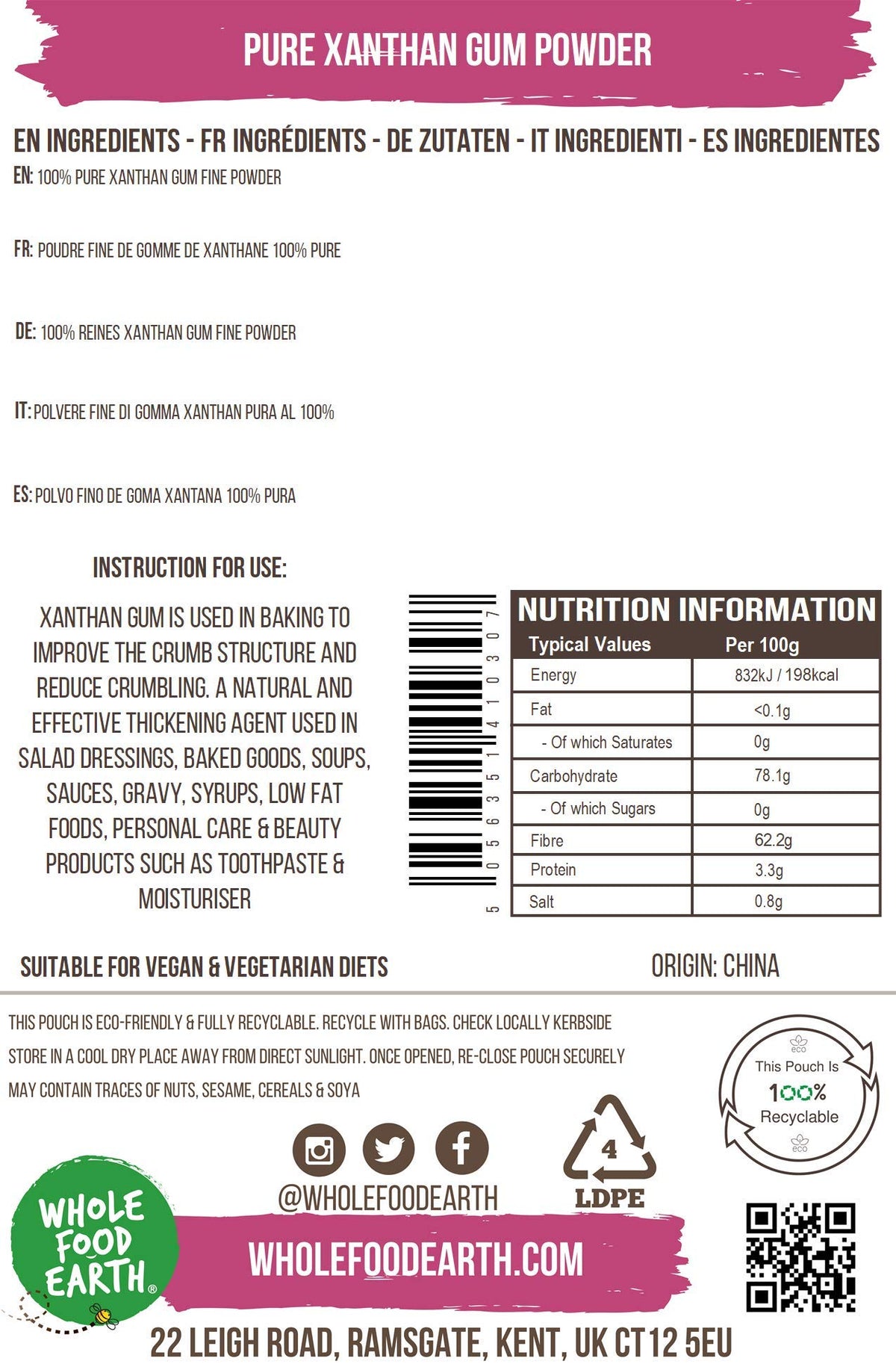 Wholefood Earth Xanthan Gum Powder - Food Grade Thickener | 125g