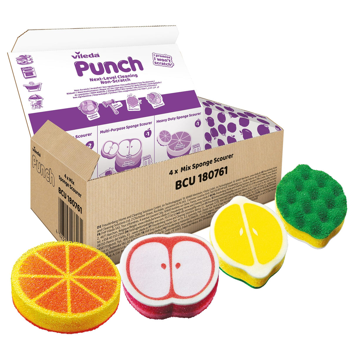 Vileda Punch Fruit-Shaped Sponge Scourers - 4 Pack (Lemon x2, Orange, Apple)