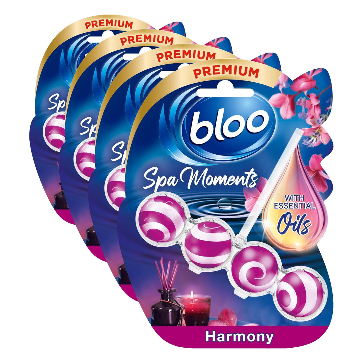 Bloo Spa Moments Harmony Toilet Rim Block - 4 Pack | Long-Lasting Fragrance & Cleaning Foam