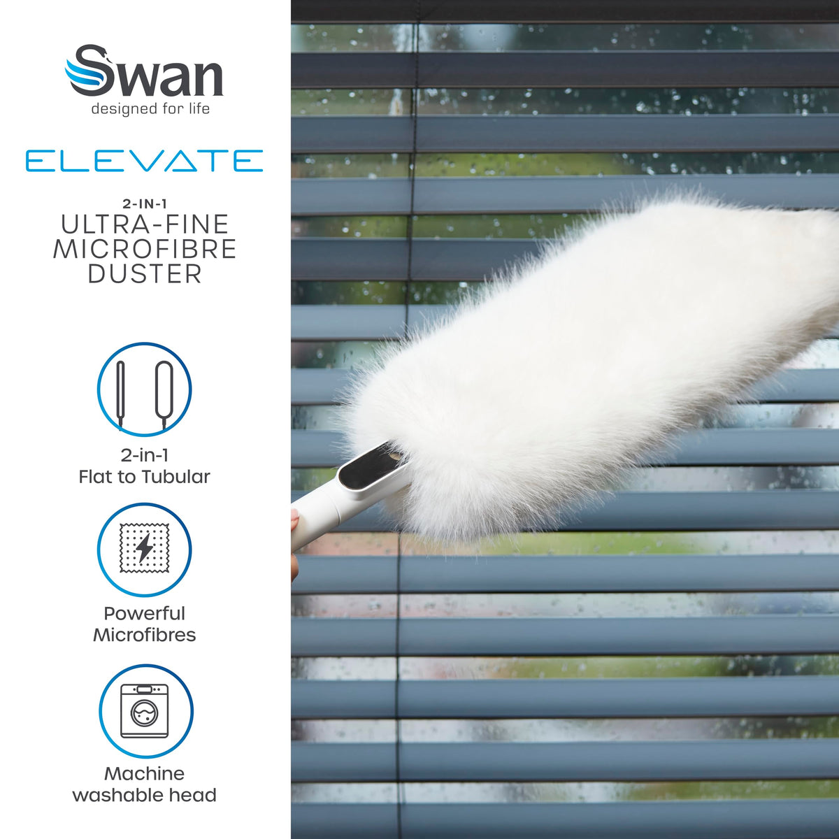 Swan Ultra-Fine Microfibre 2-in-1 Duster - Flat & Tubular Modes | Machine Washable | White
