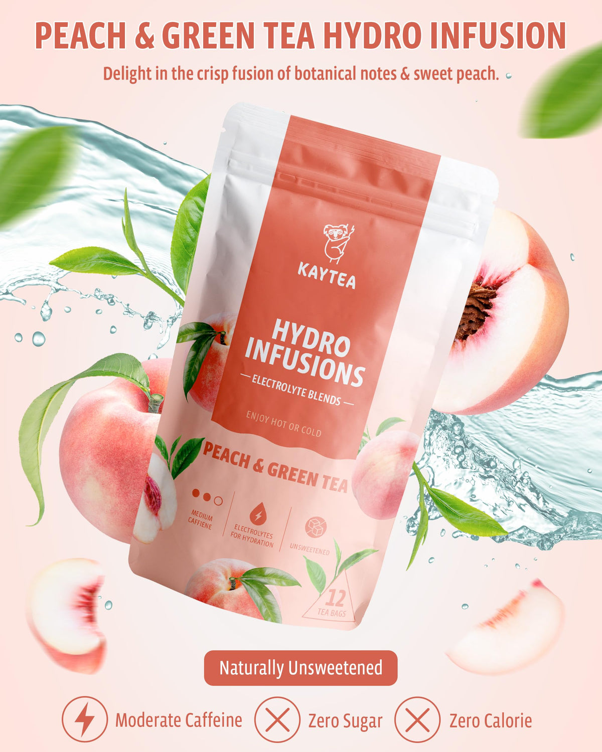 KAYTEA Peach & Green Herbal Fruit Tea - 12 Hydro Infusion Tea Bags | Zero Calorie, Sugar-Free, Hydrating