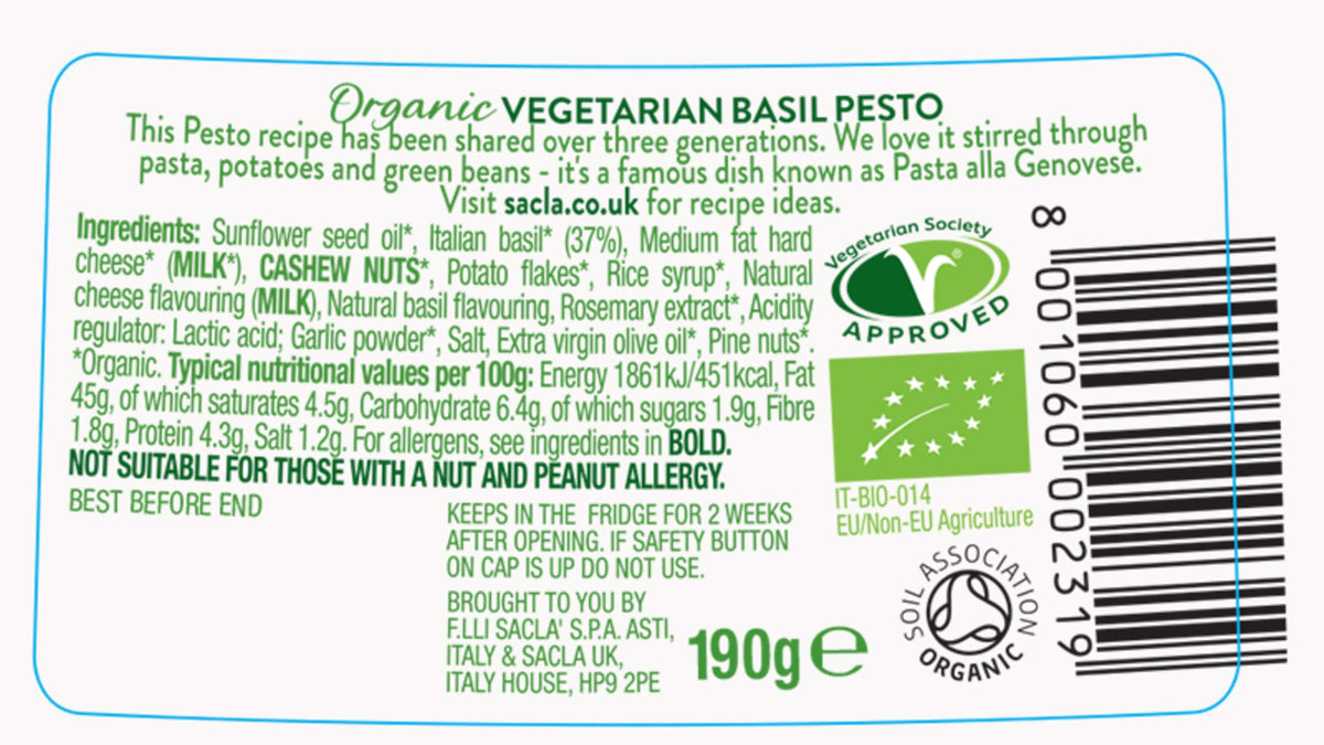 Sacla Organic Vegetarian Basil Pesto Sauce - 190g (Pack of 4)