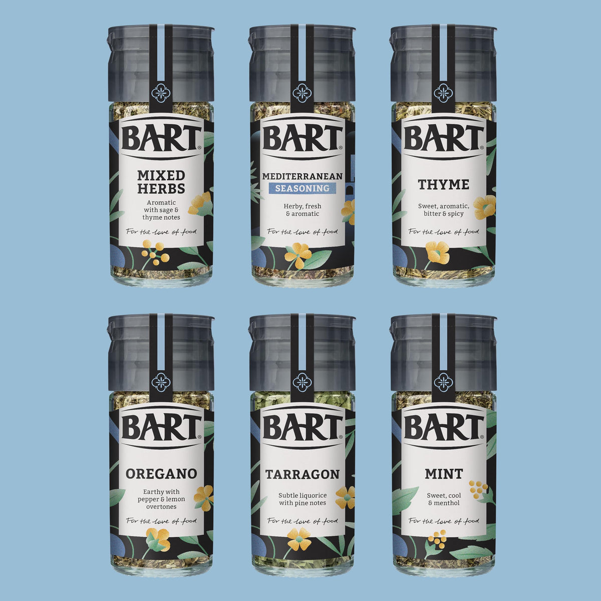 BART Mediterranean Herb & Spice Collection - Thyme, Oregano, Tarragon, Mixed Herbs, Mint, Mediterranean Seasoning (Pack of 6)