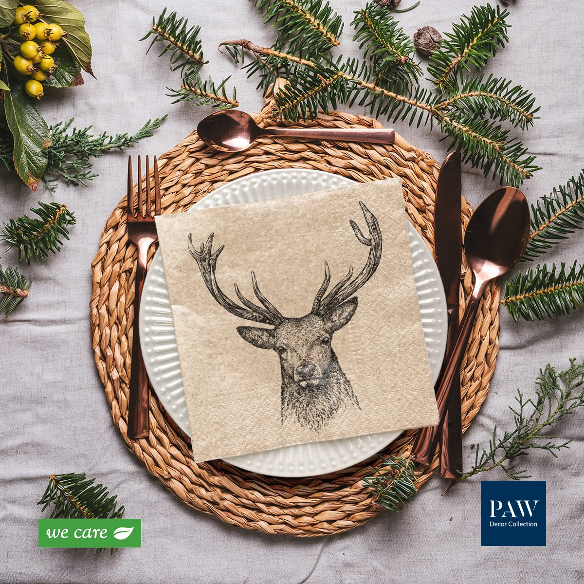 PAW Decor Collection Napkins - 3-Ply Recycled Paper, Deer Design | 20 Pieces | 33 x 33 cm 4