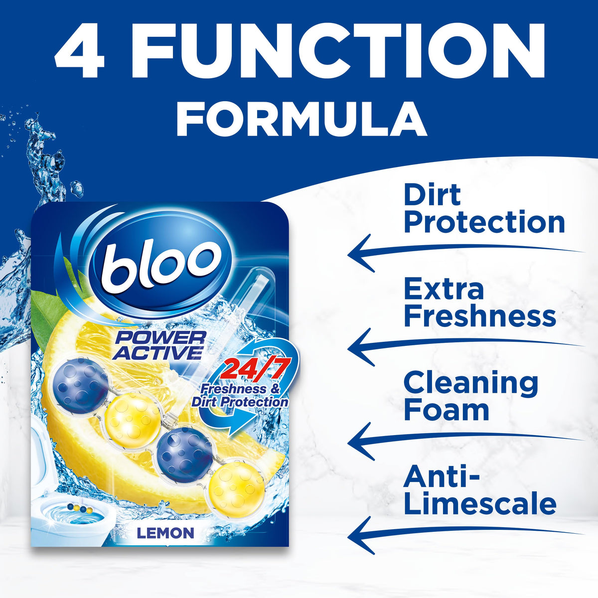 Bloo Power Active Toilet Rim Block - Lemon Scent, Anti-Limescale, Cleaning Foam | 2 x 3 Count 3